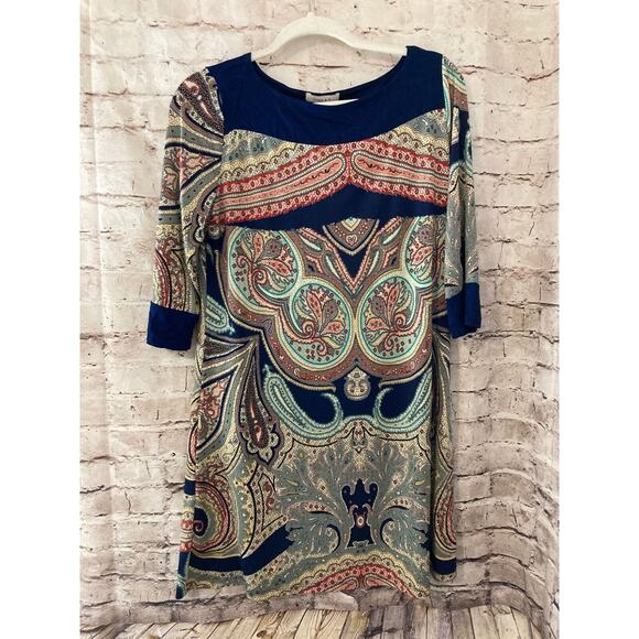 Gilli Dress Womens Medium Shift Navy Blue Paisley Long Sleeve Boat Neck Stretch - Picture 1 of 13